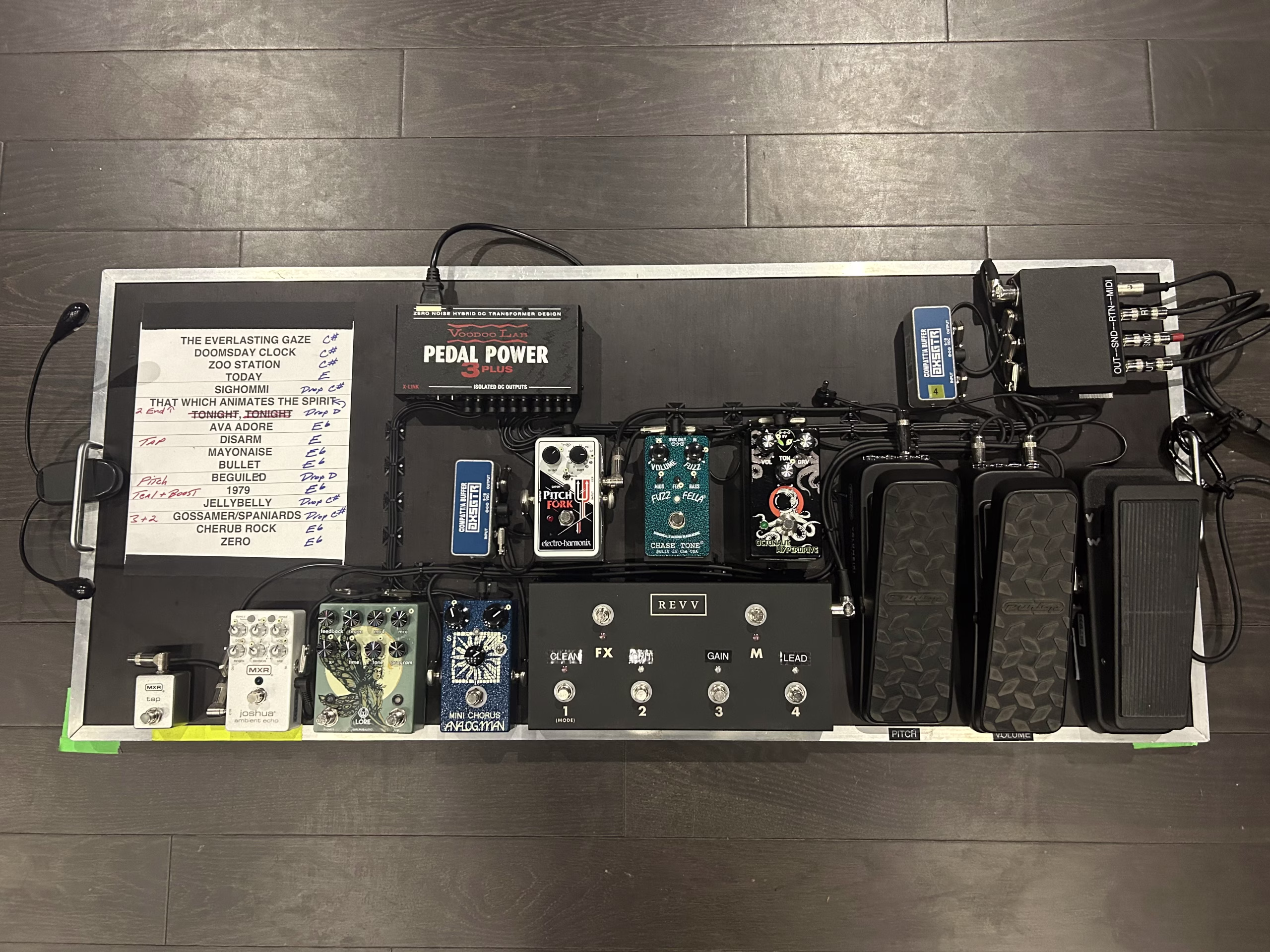Smashing Pumpkins guitarist pedalboard powered by Voodoo Lab